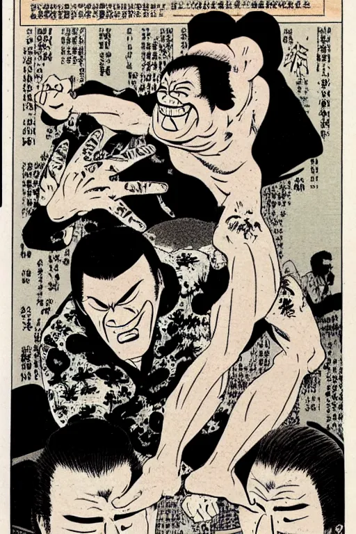 Image similar to antonio inoki crushes a bus with his bare hands, ukiyo - e art by ed roth and basil wolverton ), crisp