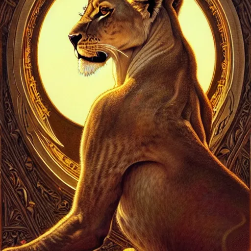 Image similar to highly detailed portrait of a majestic lioness queen in the form of a beautiful woman. d & d. art by william stout, donato giancola, brian bolland, ruan jia, peter lindbergh. trending on artstation, intricate details, energetic composition, golden ratio, concept art, illustration, elegant art, global illuminaition