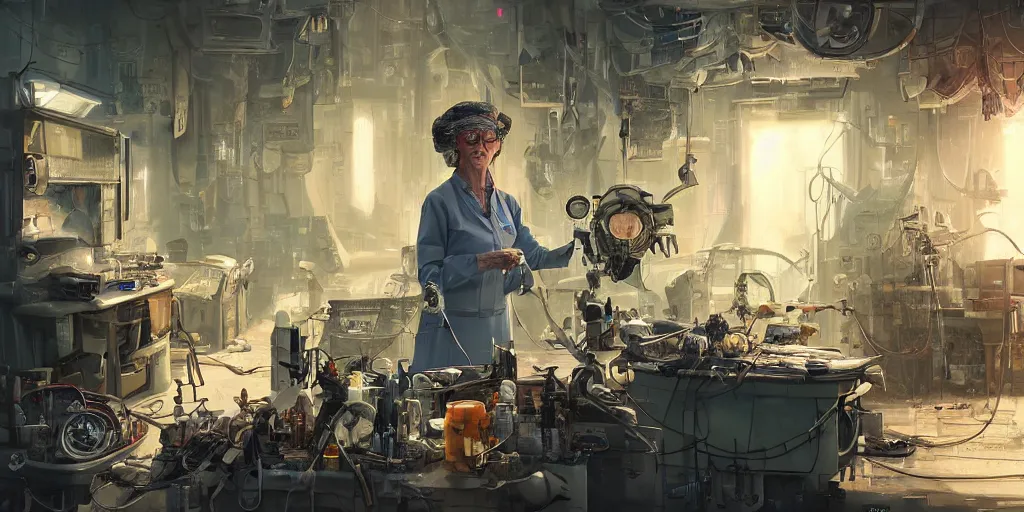 Image similar to an environmental concept art of an elderly woman cyberneticist in a cluttered workshop, surgical implements, surgery theatre, robotic arm, blood spatter, highly detailed, cinematic, dramatic, cyberpunk, dieselpunk, scifi space station, horror, bladerunner 2 0 4 9