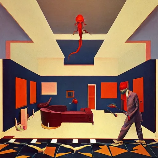 Image similar to art deco living room, open ceiling, highly detailed, very coherent, painted by Francis Bacon and Edward Hopper, Wayne Barlowe, painted by James Gilleard, surrealism, airbrush, art by JamesJean