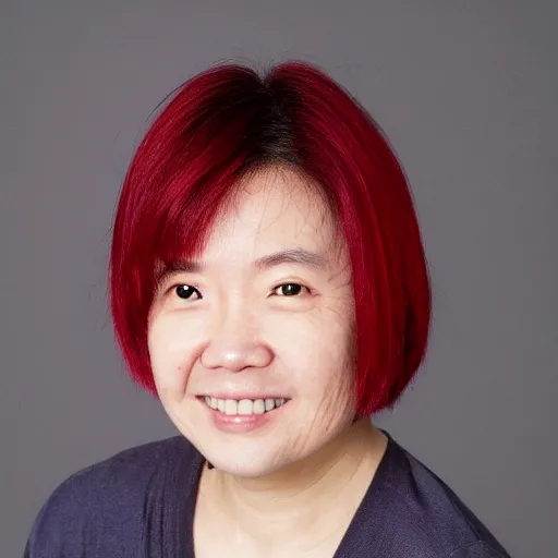Prompt: a centered render of junie lau, red hair
