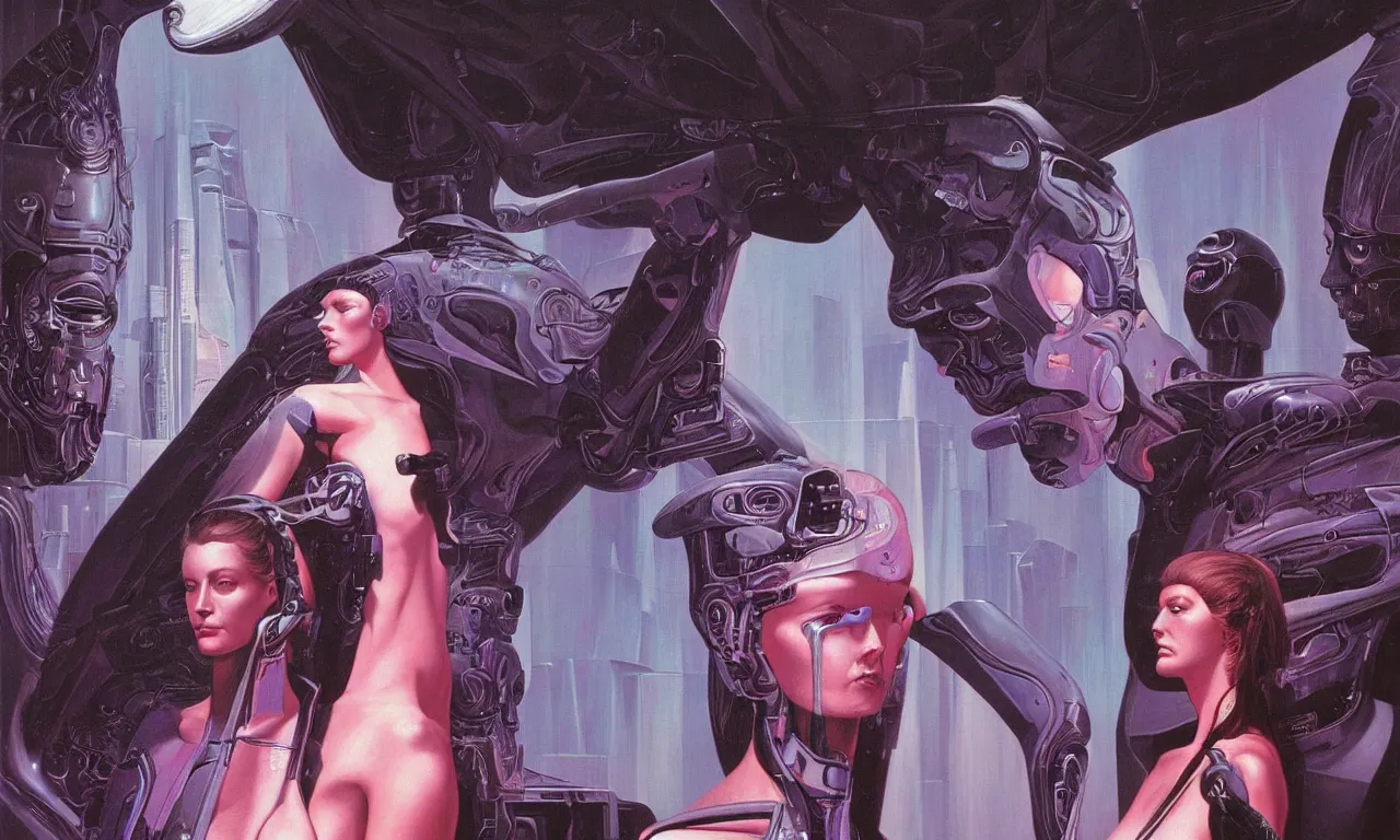 Prompt: futuristic painting by wayne barlowe. portrait of a slick futuristic cyborg with lcd screen skin looking at a painting of a beautiful woman staring at them. juxtaposition. intricate details