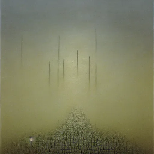 Prompt: arm reaching out of thick fog, symetrical many rows of stone blocks in far distance, floating in mid - air, lined up horizontally, close together, zdzislaw beksinski