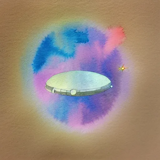 Prompt: low - angel view from 1 0 0 0 meters distance, cute uap interstellar vehicle on top of an ephemeral rainbow in the sky, muted watercolor. minimalist, detailed, heavy under paint, muted colors. ue 5