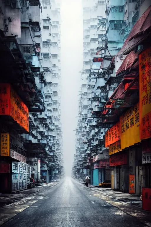 Image similar to nuclear winter, street of hong kong, near future, fantasy, sci - fi, hyper realistic, serene, morning.