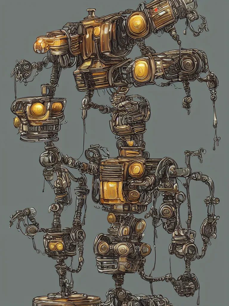 Image similar to full-length portrait of a singular old mechanical robot offering a cup of steaming coffee, by Simon Stalenhaag, sharp focus, fresh colors, deviantart, conceptart