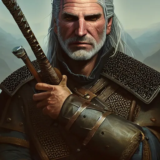 Image similar to highly detailed portrait of geralt of rivia, stephen bliss, unreal engine, fantasy art by greg rutkowski, loish, rhads, ferdinand knab, makoto shinkai and lois van baarle, ilya kuvshinov, rossdraws, tom bagshaw, global illumination, radiant light, detailed and intricate environment