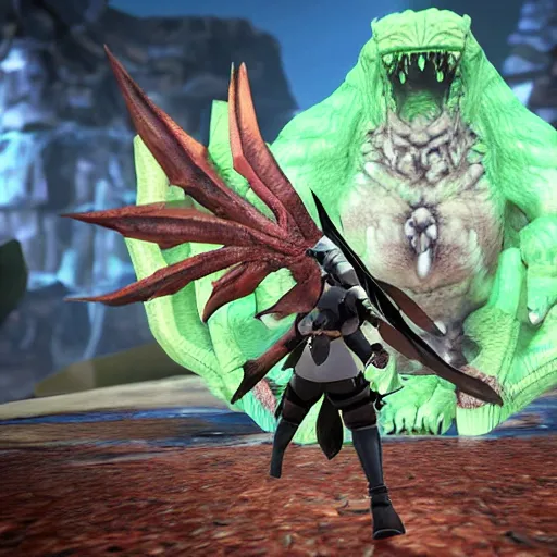 Image similar to magnamalo from monster hunter rise in a suit in monst hunter game