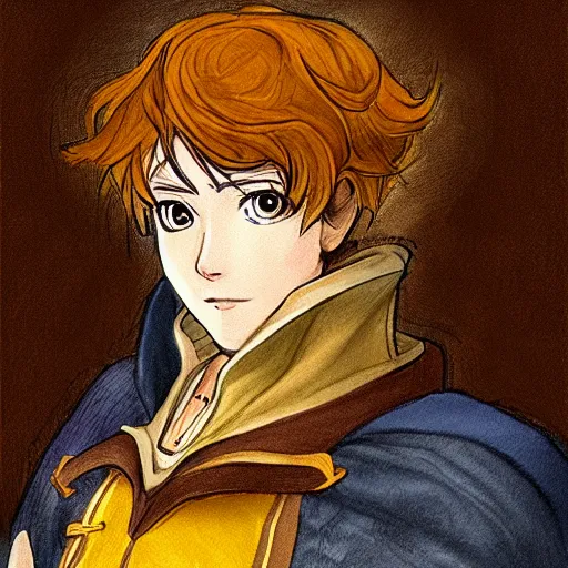 Prompt: Portrait of a !dream portrait of humble bard wearing yellow cloak, brown hair, smiling face, Claude from Fire emblem,