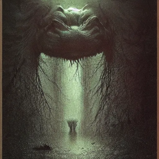 Prompt: hippopotamus, junji ito, beksinski, greg rutkowski, eldritch, horror spooky, cinematic landscape, creepy creature