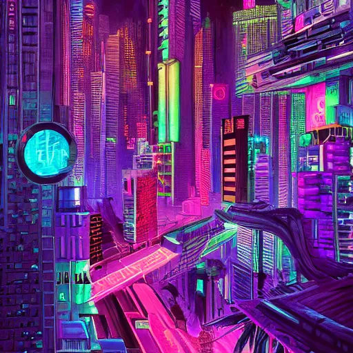 Prompt: hexagon ayahuasca cyberpunk, 8k, highly detailed, neon, city, peaceful by Paul Bonner