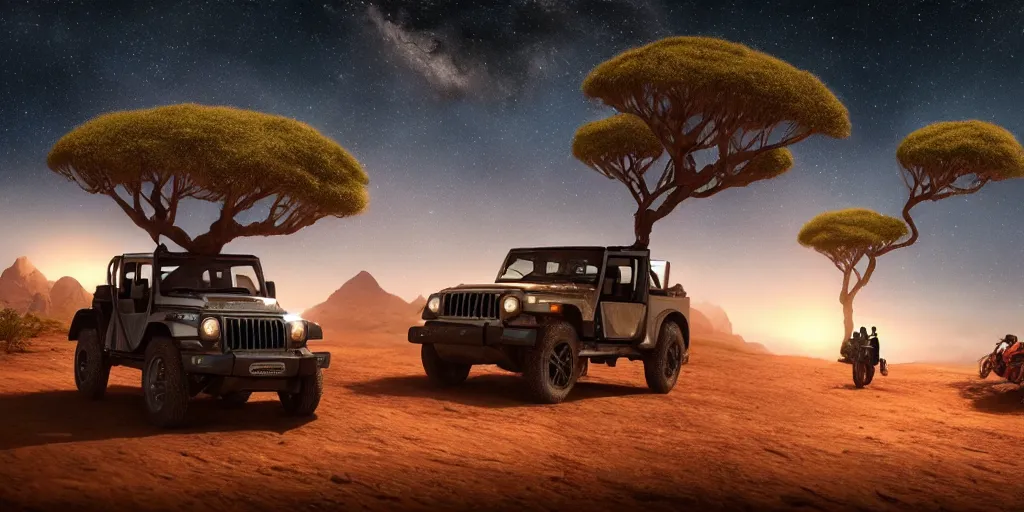 Prompt: mahindra thar riding through moonlit socotra island with dragon trees, starry night, chasing action scene, epic fantasy, sharp focus, trending on ArtStation, masterpiece, by Greg Rutkowski, by Ross Tran, by Fenghua Zhong, corona render, soft render, ultrarealistic, colorful, cinematic, shadow of the tomb rider