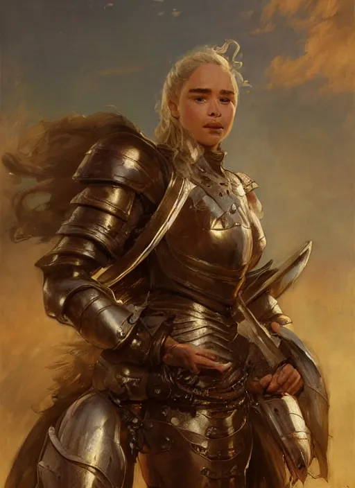 Image similar to short muscular woman wearing thick medieval armour, emilia clarke, detailed by gaston bussiere, bayard wu, greg rutkowski, maxim verehin, greg rutkowski, masterpiece, sharp focus, cinematic lightning