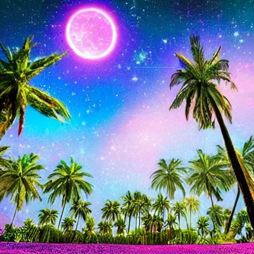 Prompt: dreamy wistful oasis whimsical purple pink blue calm nighttime stars palm tree lush