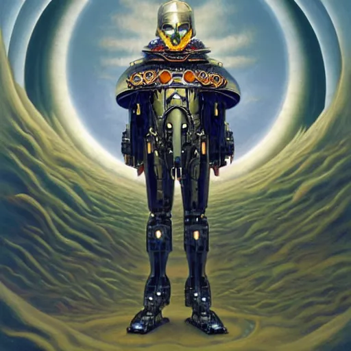 Prompt: the edge of the universe (on film), cybernetic cyborg warrior wearing a cloak , by Vladimir Kush and Donato Giancola