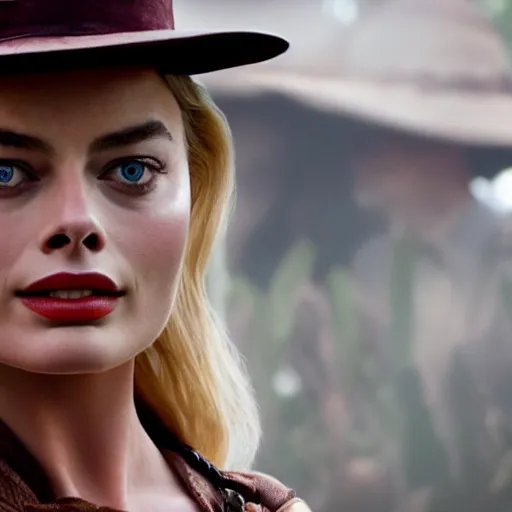 Image similar to Margot Robbie as Indiana Jones, cinematic, realistic, detailed, portrait