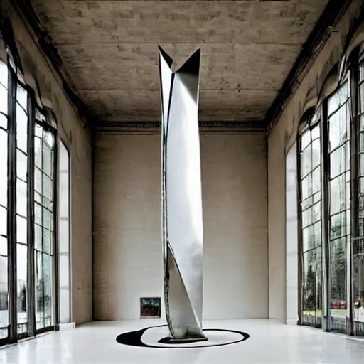 Image similar to giant Italian modern castle living room, clean minimalist design, that is 1300 feet tall, with very tall giant walks, giant modern stainless steel sculpture by John Chamberlain, photo by Annie Leibovitz