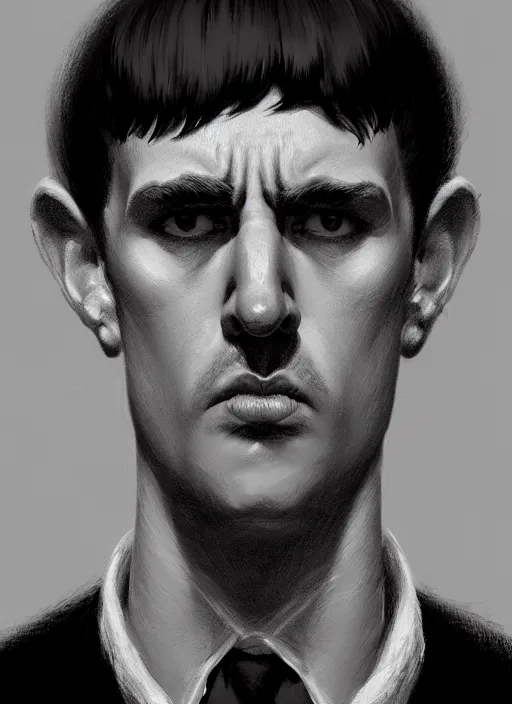 Prompt: portrait of a wide - faced man with a crooked nose and a confident expression, 1 9 6 0 s, black clothes, goth, punk, funk, intricate, elegant, highly detailed, digital painting, artstation, concept art, smooth, sharp focus, illustration, art by wlop, mars ravelo and greg rutkowski