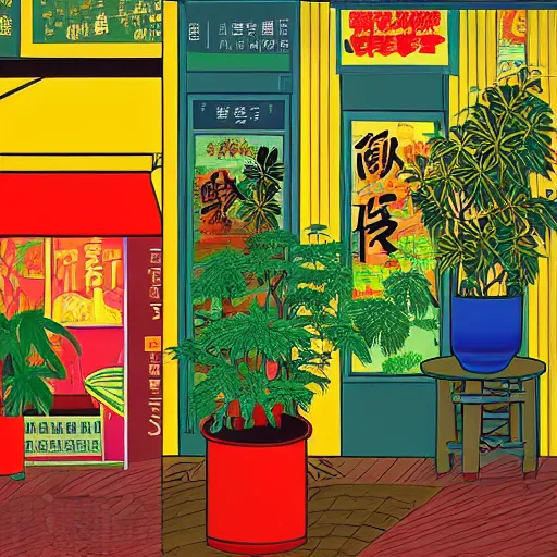 Image similar to taiwanese style cafe inside are australian patrons, decorated with cannabis pot plants 🪴 utopia frontage, pop art poster, vivid colors by will barnet