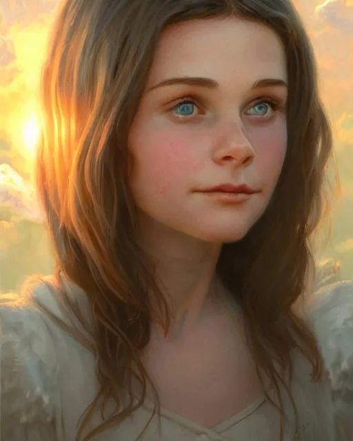 Image similar to cute young slightly chubby courtney cox as a heavenly angel, anatomy, bathed in light, highly detailed, photorealistic, artstation, smooth, sharp focus, illustration, unreal engine 5, 8 k, art by artgerm and greg rutkowski and edgar maxence