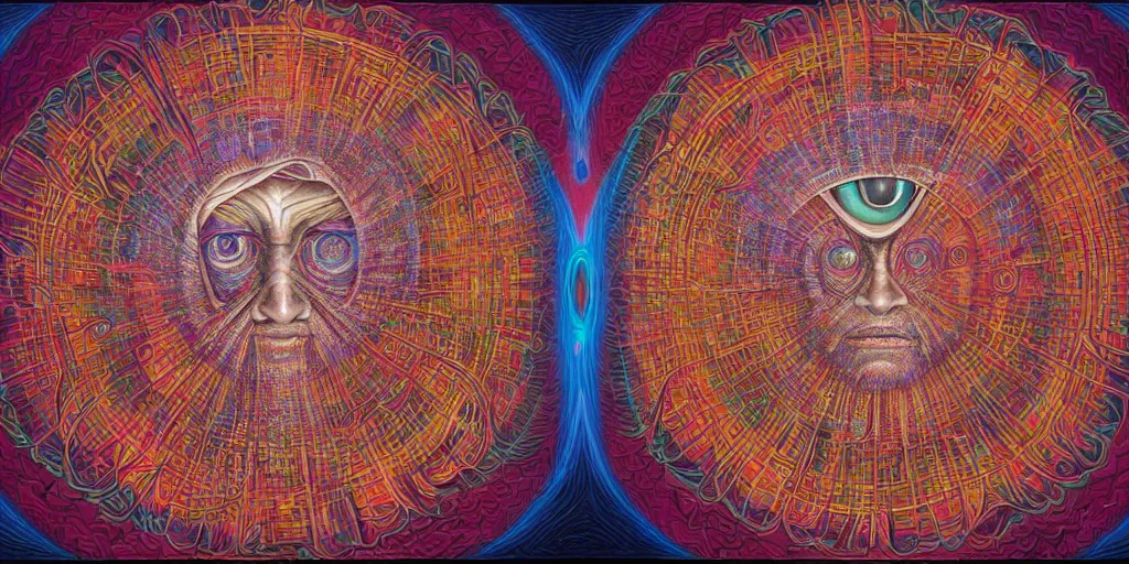 Image similar to a surreal man with his third eye opening by alex grey