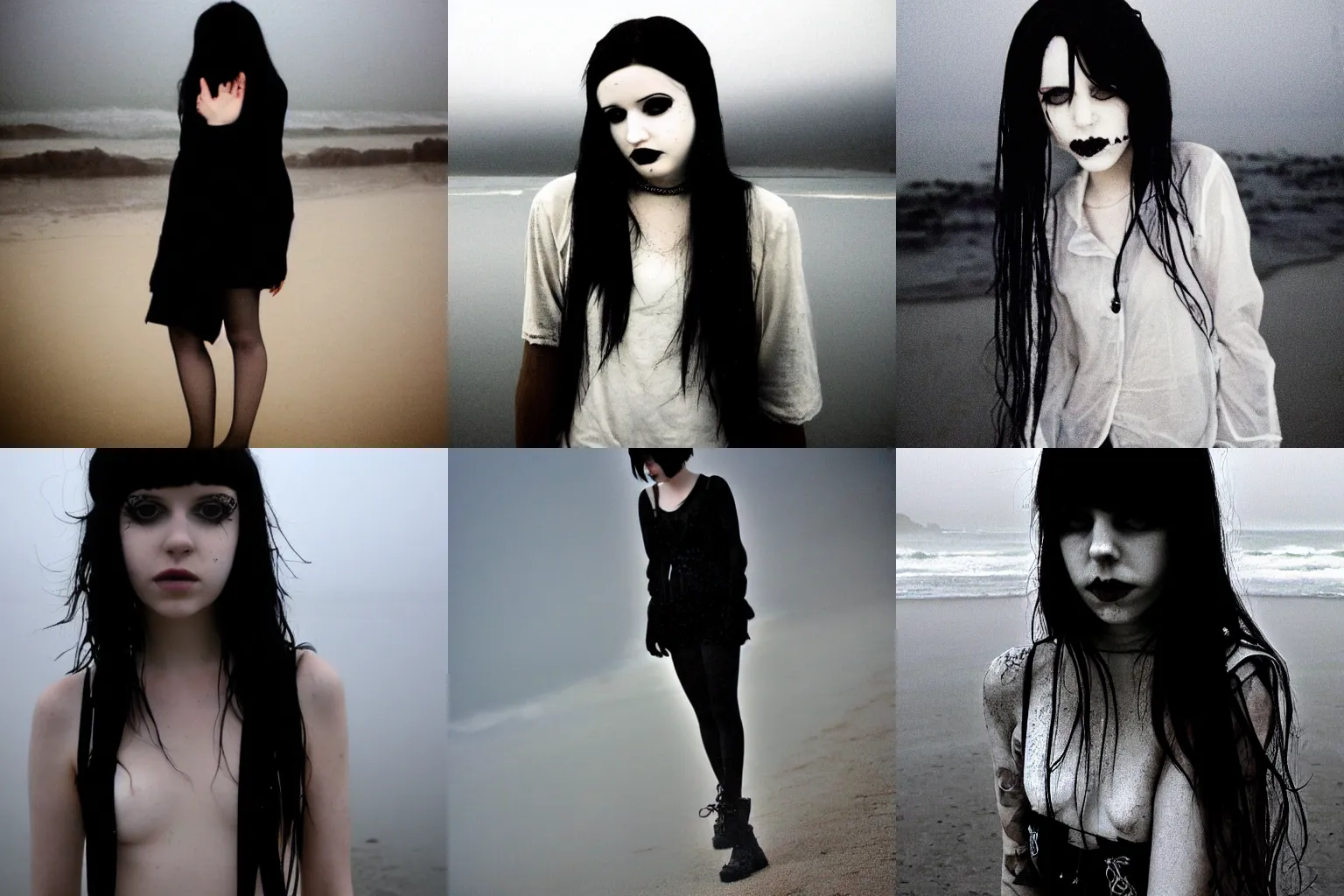 Prompt: a pale emo goth girl, black hair, on the beach on a foggy night, 2006