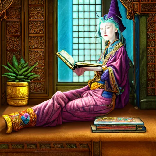 Prompt: a detailed fantasy pastel portrait of a wizard in ornate clothing lounging on a purpur pillow on the marble floor in front of her bookcase, studying an ancient tome. to the side is a potted plant and some blue candles. ancient oriental retrofuturistic setting. 4 k key realism art in the style yoshitaka amano and rembrandt.