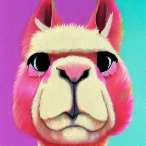 Image similar to portrait of a pink alpaca wearing a suit by Hayao Miyazaki, manga, trending on artstation, beautiful, colorful