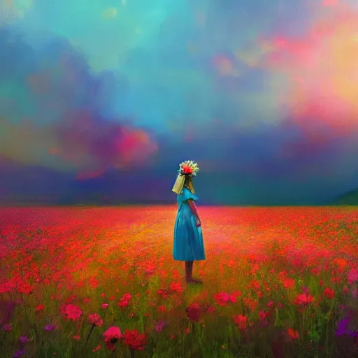 Image similar to girl with a flower head, surreal photography, dream, standing in flower field, magical, in a valley, sunrise dramatic light, impressionist painting, colorful clouds, artstation, simon stalenhag