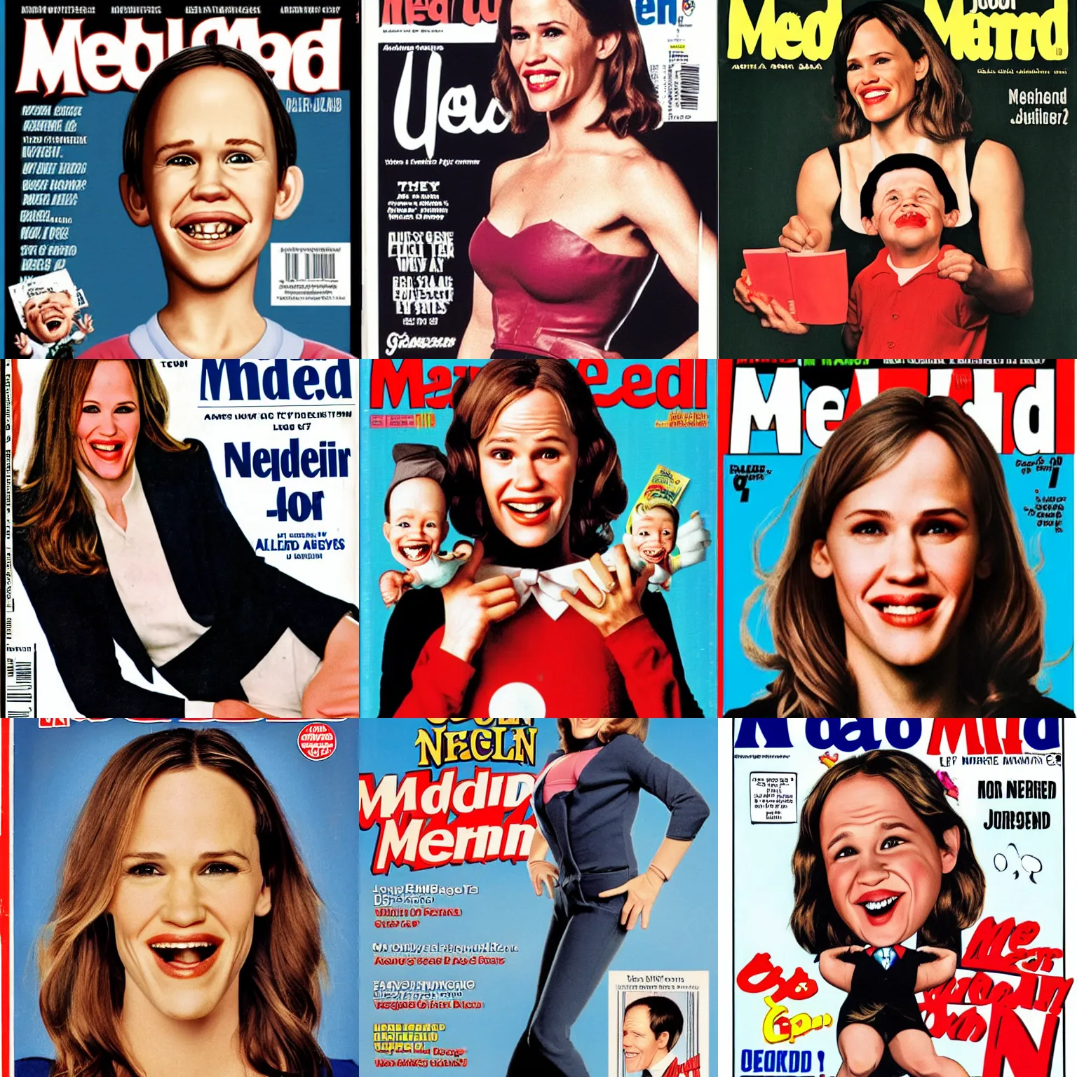 Prompt: Jennifer Garner as Alfred E Neuman on the cover of the MAD magazine