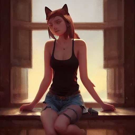 Image similar to cute woman wearing tank top and cat ears plays on computer, digital art, photorealistoc, art by greg rutkowski, hyperdetailed, western comic style, comic, comic style, sharp lineart, professional lighting, deviantart, artstation, trevor henderson, rossdtaws, cinematic, dramatic