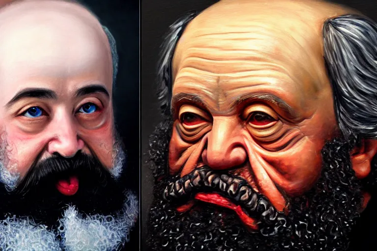 Image similar to ( ( a beautiful 8 k photorealistic masterpiece oil - painting ) ( close up ) and ( zoom out ) ( of ( karl marx with osteogenesis imperfecta ) ( shouting to a dwarf ( angry ) ) ) ( hyperrealism ) ( 1 6 k ) ( trending on artstation )