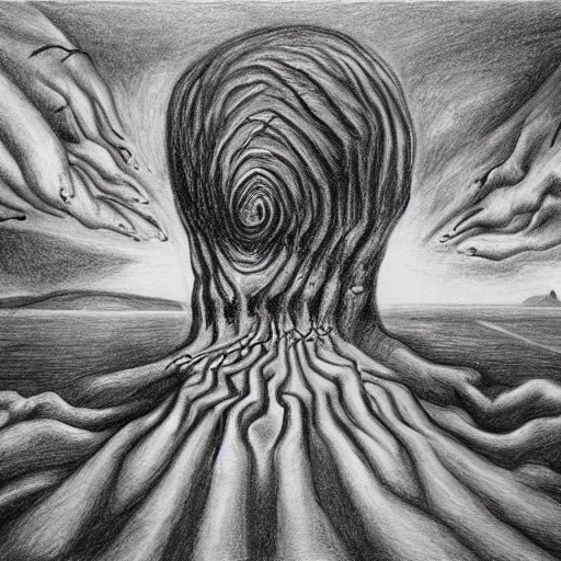 Image similar to surrealism drawing of the end of the world., horror,