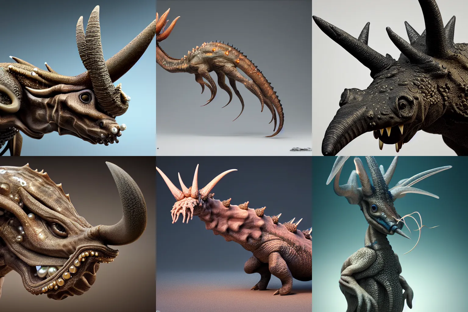 Prompt: incredibly realistic, too detailed sculpture, Styracosaurus squid, made of lab tissue, carbon fibers, real pearls, jellyfish gelatin, octane render, bump mapping, macro image, global illumination, 8k, bokeh