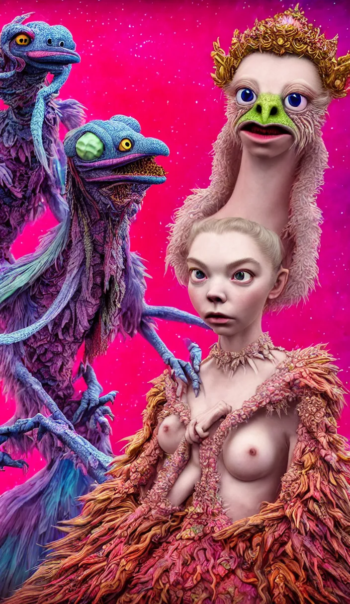 Image similar to hyper detailed 3d render like a Oil painting - kawaii portrait of two Aurora (a beautiful skeksis muppet fae queen protector from dark crystal that looks like Anya Taylor-Joy) seen red carpet photoshoot in UVIVF posing in scaly dress to Eat of the Strangling network of yellowcake aerochrome and milky Fruit and His delicate Hands hold of gossamer polyp blossoms bring iridescent fungal flowers whose spores black the foolish stars by Jacek Yerka, Ilya Kuvshinov, Mariusz Lewandowski, Houdini algorithmic generative render, Abstract brush strokes, Masterpiece, Edward Hopper and James Gilleard, Zdzislaw Beksinski, Mark Ryden, Wolfgang Lettl, hints of Yayoi Kasuma and Dr. Seuss, octane render, 8k