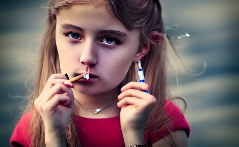 Image similar to portrait photography of a cute young girl smoking a cigarette, photorealistic, detailed, 4 k