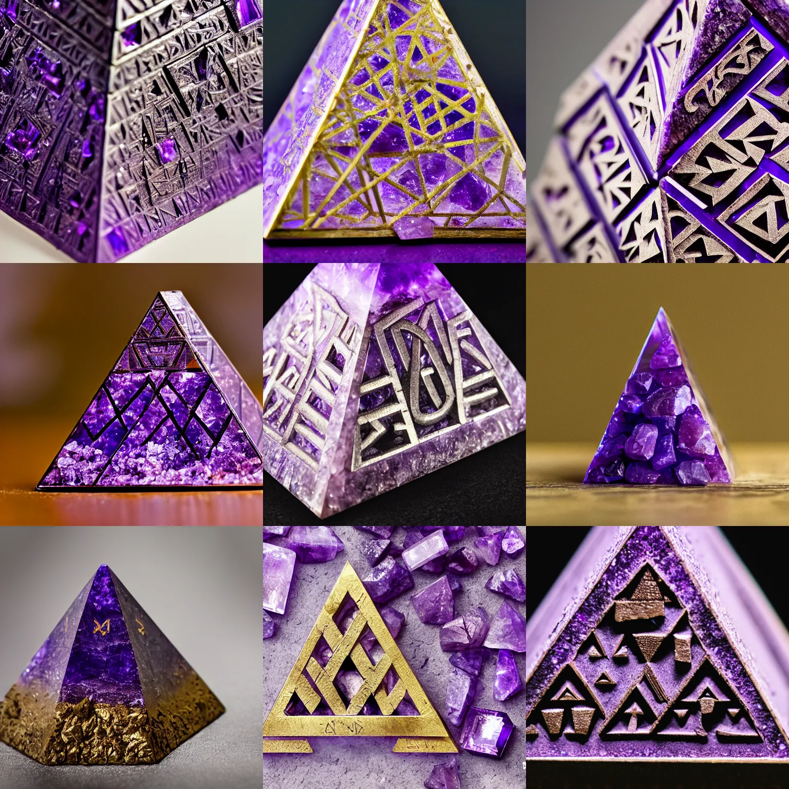 Prompt: studio photograph of a pyramid made of amethyst, intricate detail egyptian dwarven runes, xf iq 4, 1 5 0 mp, 5 0 mm, f 1. 4, iso 2 0 0, 1 / 1 6 0 s, natural light, adobe lightroom, photolab, affinity photo, photodirector 3 6 5