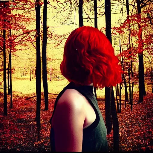 Prompt: “glitchcore album cover red head singer girl standing in a forest”