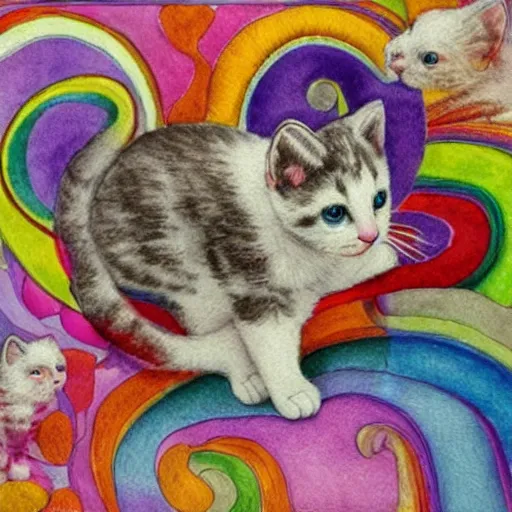Image similar to a white kitten magically prismatically fractured into every color of the rainbow, watercolor by Louis William Wain,