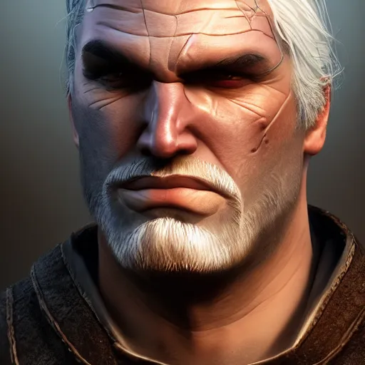 Image similar to caricature portrait of grumpy herp derp geralt of rivia, 4k resolution, highly detailed