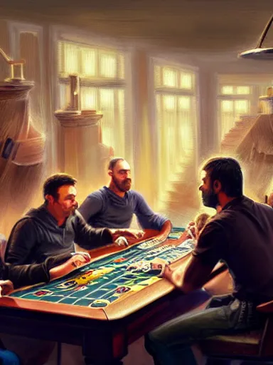 Prompt: guys yelling during a poker match. angry, intricate, elegant, highly detailed, digital painting, artstation, concept art, sharp focus, illustration, by justin gerard and artgerm, 8 k