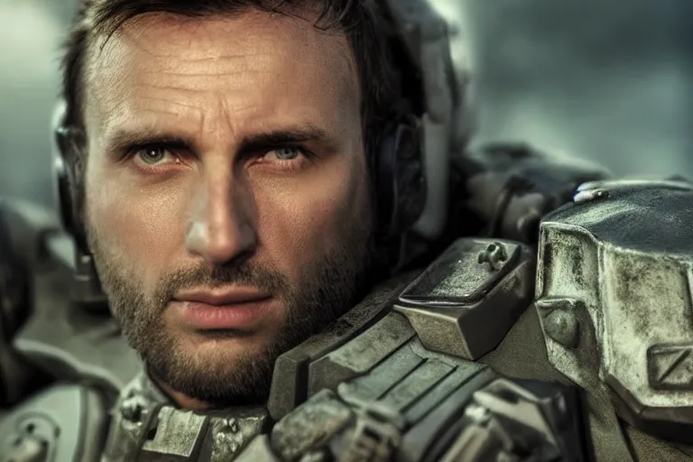 Image similar to VFX movie of a futuristic spacemarine closeup portrait in war zone, beautiful natural skin natural lighting by Emmanuel Lubezki