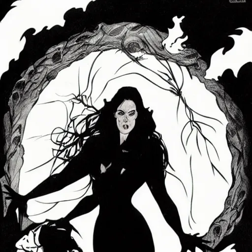 Image similar to jennifer connelly as gothic dark fae disney villain with black feathers instead of hair, feathers growing out of skin, space station, zero gravity, pulp sci fi, mike mignola, comic book cover, vivid, beautiful, illustration, highly detailed