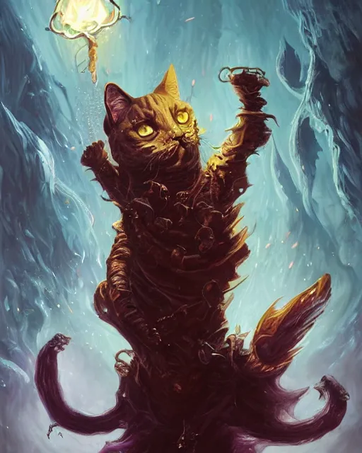 Image similar to Cat necronomancer, portrait, casting dark spell, magic the gathering artwork, D&D, fantasy, cinematic lighting, centered, symmetrical, highly detailed, digital painting, artstation, concept art, smooth, sharp focus, illustration, volumetric lighting, epic Composition, 8k, art by Akihiko Yoshida and Greg Rutkowski and Craig Mullins, oil painting, cgsociety