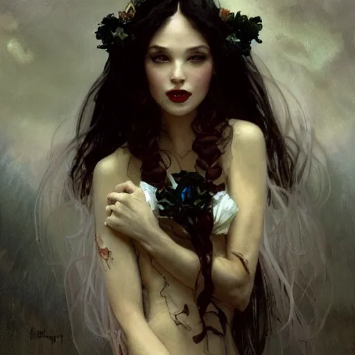Prompt: portrait of a menacing beautiful vampire, face only, by Stanley Artgerm Lau , greg rutkowski, thomas kindkade, alphonse mucha, loish, norman rockwell, J. C. Leyendecker. hair waving in the wind, pale skin, sinister complexion, black rose crown, imagine bordered by thorns. D&D, fantasy. Trending on artstation rule of thirds extremely detailed illustration hd 4k