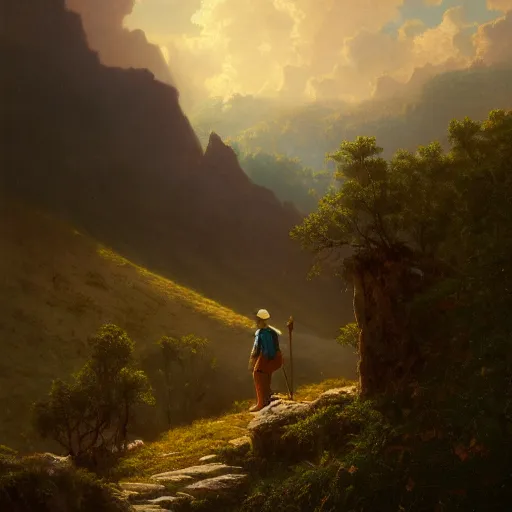 Image similar to a traveler wandering through the mountains looking at the clouds, very detailed, focused, oil painting, cinematic lighting, Albert Bierstadt, trending on Artstation