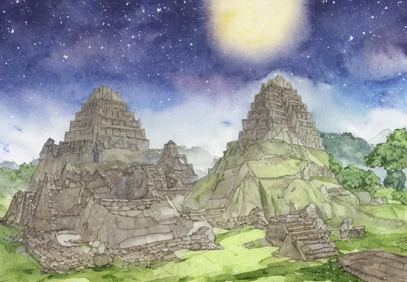 Image similar to a cell - shaded watercolor concept art from a studio ghibli film showing one giant grey griffon. a temple is under construction in the background in machu pichu on a misty and starry night. by studio ghibli. very dull muted colors