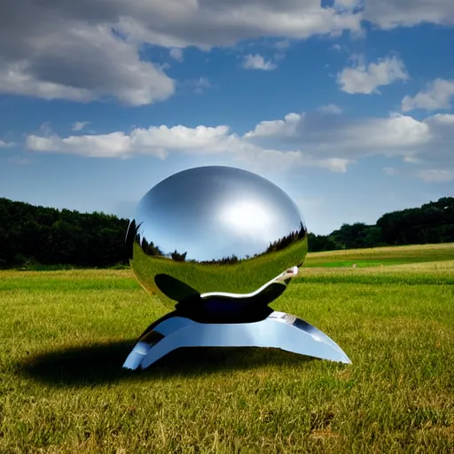 Prompt: a realistic chrome ufo landed on a field, green hills, summer day, beautiful, blue skies