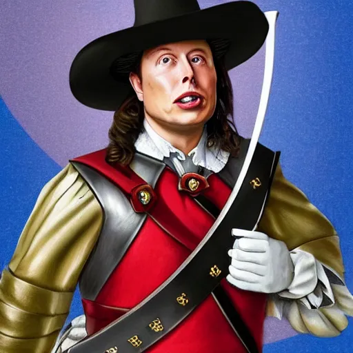 Image similar to elon musk as a musketeer, he has a big hat and holds a shiny sword