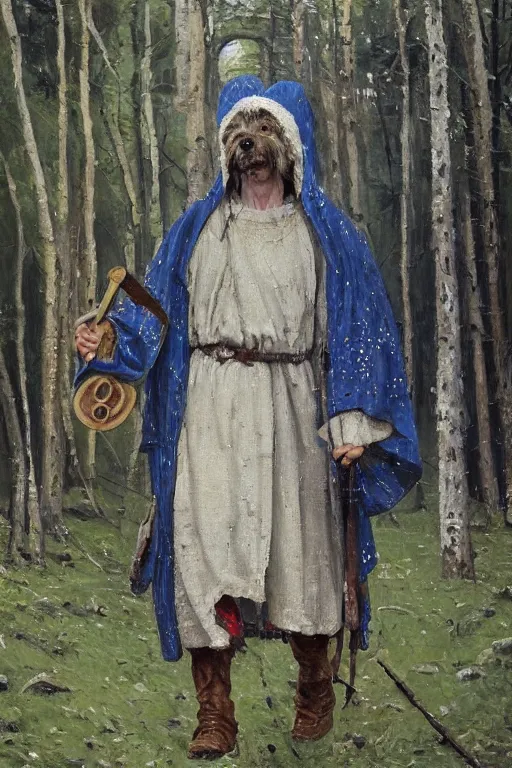 Image similar to Slavic dog head man, woolen torso in medieval clothes, walking in the forest, Orthodox Saint Christopher, oil painting, magic lights, painting by Viktor Vasnetsov, concept art, painting by Valentin Serov, hyperborea, beautiful, high resolution, trending on artstation,